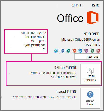 התקנות 'לחץ והפעל' כוללות לחצן 'אפשרויות עדכון' בדף 'חשבון'. להתקנות מבוססות-MSI אין לחצן זה.