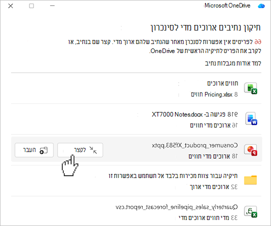 צילום מסך המציג את רשימת נתיבי הקבצים של OneDrive.