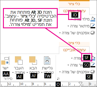 קיצורי מקשים חדשים, המשתמשים באותיות כפולות, פותחים את הכרטיסיה 'כלי ציור'.