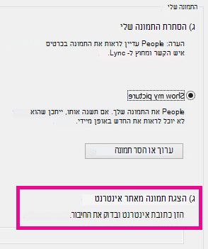 מקטע צילום מסך של חלון אפשרויות התמונה שלי ב- Lync עם תמונה שנבחרה מאתר אינטרנט מסומנת
