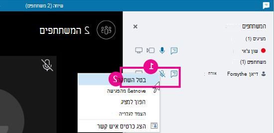 אפשרות להשתקת משתתף בתצוגת השיחה