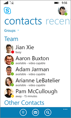 חלון Skype for Business עבור Windows Phone