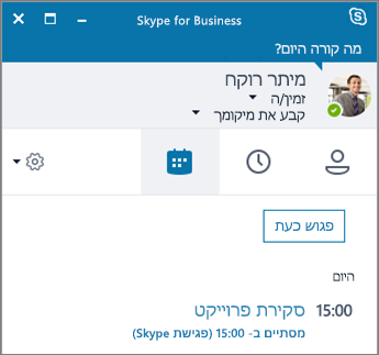 צילום מסך של הכרטיסיה 'פגישות' בחלון של Skype for Business.