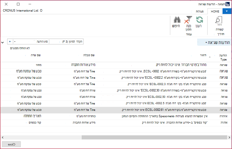 צילום מסך של חלון הודעות השגיאה