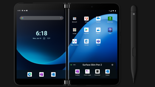 מציג עט Surface לצד מכשיר שתפריט עט פתוח בחלק התחתון של המסך.