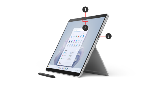 Surface Pro 9 עם תווית 1: Windows Hello ומצלמה קדמית, 2: Studio Mics, 3: יציאת טעינה