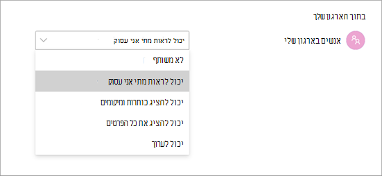 צילום מסך המציג הרשאות גישה שונות בעת שיתוף לוח שנה ב- Teams.