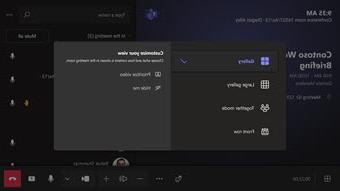 ממשק הפגישה של Microsoft Teams עם פרטי המשתתף. תפריט התאמה אישית של תצוגה פתוח, המציע גלריה, גלריה גדולה ופריסות של שורה קדמית.