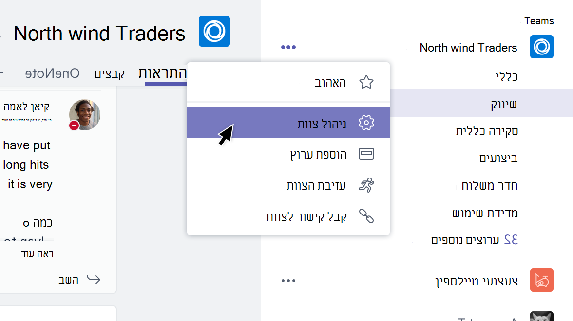 תפריט צוות עם האפשרות 'נהל צוות' מסומנת
