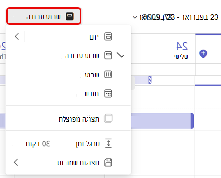 צילום מסך המדגיש את תצוגת שבוע העבודה בלוח השנה של Teams.