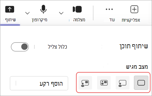 צילום מסך המדגיש מצבי מציג שונים בפקדי פגישה של Microsoft Teams.