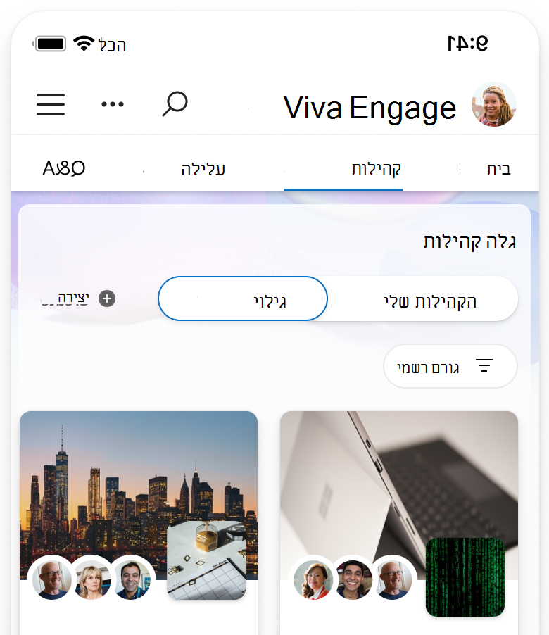 צילום מסך שמציג את דף הגילוי מסונן כדי להציג רק קהילות רשמיות