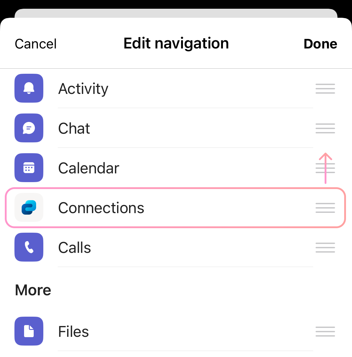 Screenshot showing the Viva Connections app being moved higher in the Teams menu.