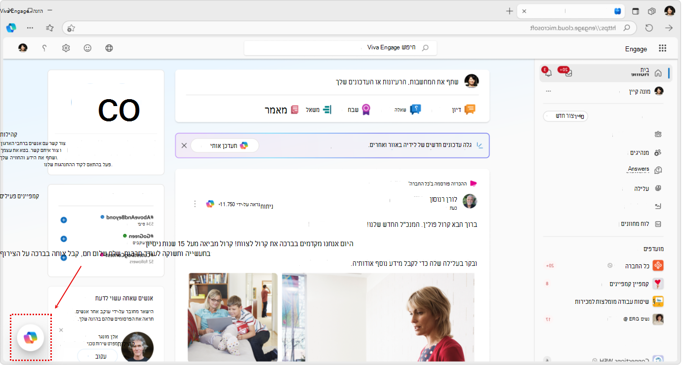 בחר את סמל Copilot בפינה הימנית התחתונה כדי לפתוח את דף השאילתה Copilots