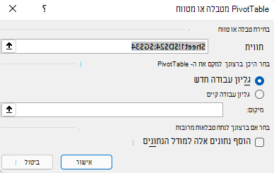 תיבת הדו-שיח 'יצירת PivotTable' ב- Excel עבור Windows מציגה את טווח התאים שנבחר ואת אפשרויות ברירת המחדל.