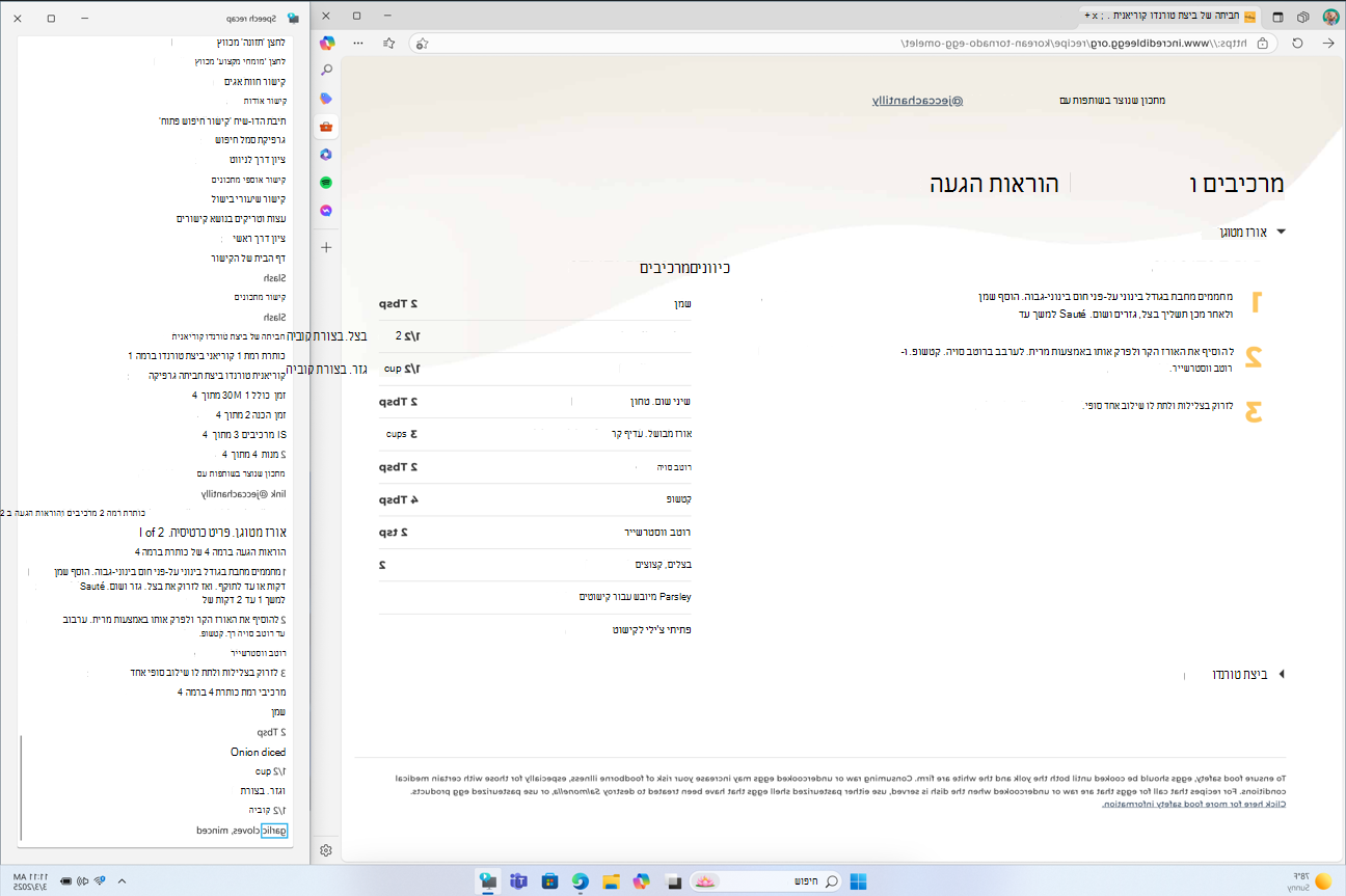 חלון סיכם הדיבור של 'קורא טקסטים' מוצמד בפינה השמאלית של המסך ומציג תעתיק בזמן אמת של הדיבור של 'קורא טקסטים'.