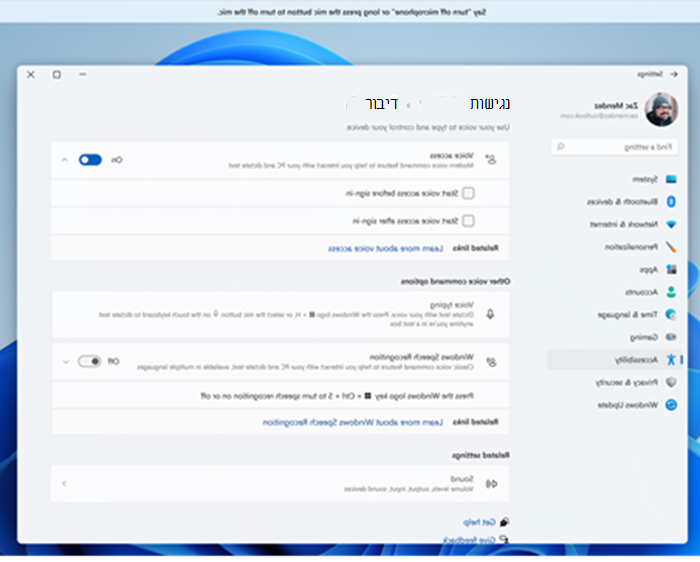 הדף 'הגדרות נגישות' כאשר האפשרות 'גישה קולית' מופעלת ותיבות סימון כדי להפעיל גישה קולית לפני או אחרי הכניסה.
