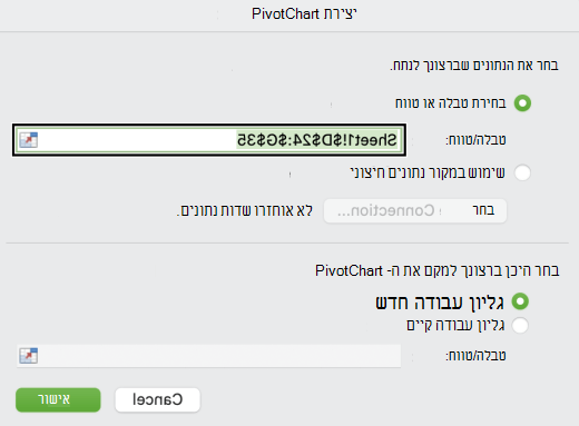 תיבת הדו-שיח 'יצירת PivotChart' ב- Mac.