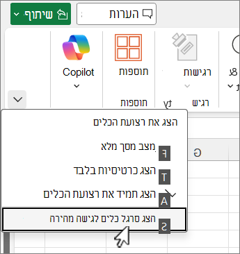 הפקודה 'לוח מקשים' להצגת סרגל הכלים לגישה מהירה