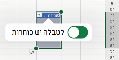 לטבלה יש אפשרות כותרות שנבחרה ב- Excel עבור iOS