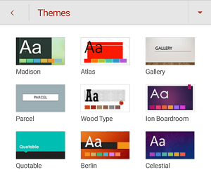 תפריט ערכות נושא PowerPoint עבור Android.