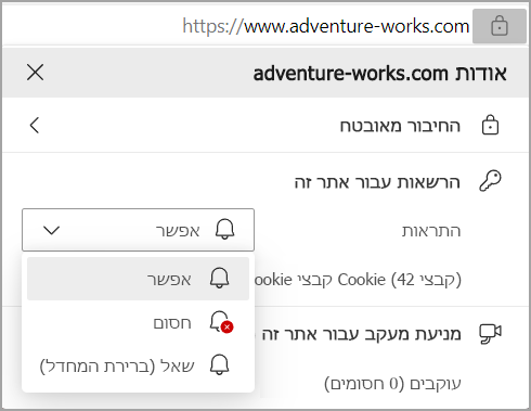 תמונה המציגה את הרשאות ההודעות בשורת הכתובת של דפדפן Edges.