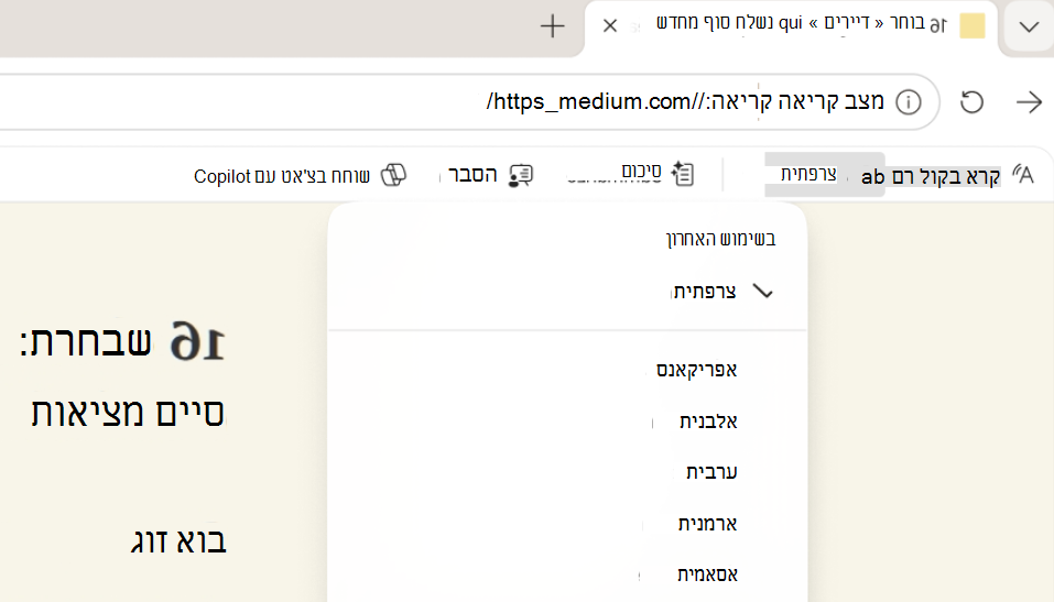 צילום מסך של 'תרגום מצב קריאה'.