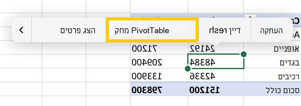 האפשרות 'מחק PivotTable' מהתפריט תלוי ההקשר ב- iPad.