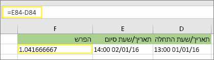 =E84-D84 ותוצאה של 1.041666667