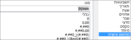 תיבת הדו-שיח 'עיצוב תאים', פקודה מותאמת אישית, סוג [h]:mm
