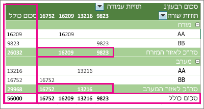 PivotTable לדוגמה המציג סכומי ביניים וסכומים כוללים