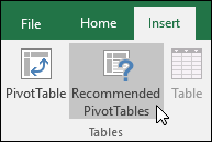 עבור אל 'הוספת טבלאות PivotTable מומלצות' > כדי ש- Excel ייצור טבלת PivotTable עבורך