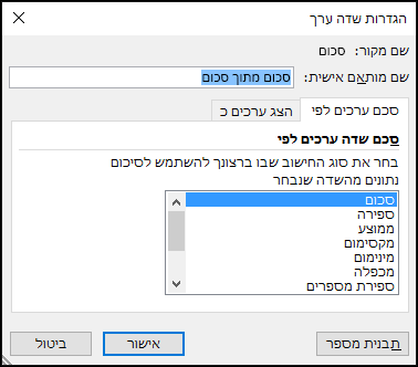 תיבת הדו-שיח 'הגדרות שדה ערך' של Excel עבור אפשרויות 'סכם ערכים לפי'