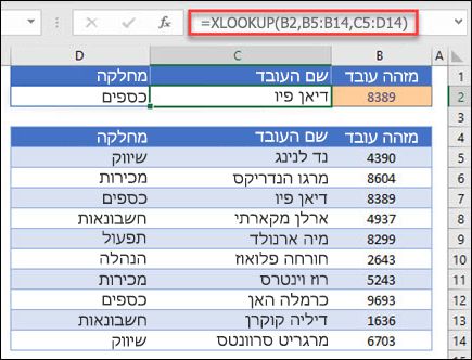 דוגמה של פונקציית XLOOKUP המשמשת להחזרת שם עובד ומחלקה בהתבסס על מזהה עובד. הנוסחה היא: =XLOOKUP(B2,B5:B14,C5:D14,0,1)
