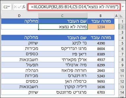 דוגמה של פונקציית XLOOKUP המשמשת להחזרת שם עובד ומחלקה בהתבסס על מזהה עובד עם הארגומנט if_not_found. הנוסחה היא =XLOOKUP(B2,B5:B14,C5:D14,0,1,Employee not found)