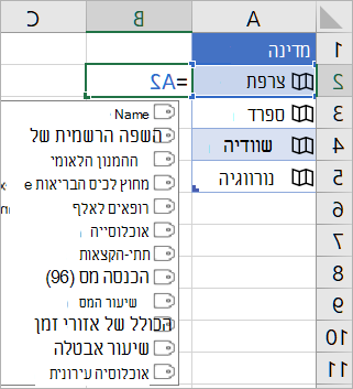 תא A2 מכיל את צרפת; תא B2 מכיל A2=. ותפריט להשלמה אוטומטית של נוסחה מופיע עם שדות מהרשומה המקושרת