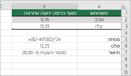 דוגמה: המרת שעות מתבנית שעה סטנדרטית למספר עשרוני