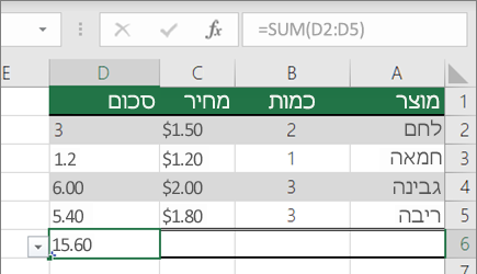 דוגמה של פונקציית SUM עם טווח בעל שם