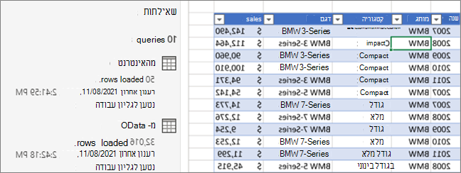 תצוגה של שאילתה וחלונית המשימות 'שאילתות'