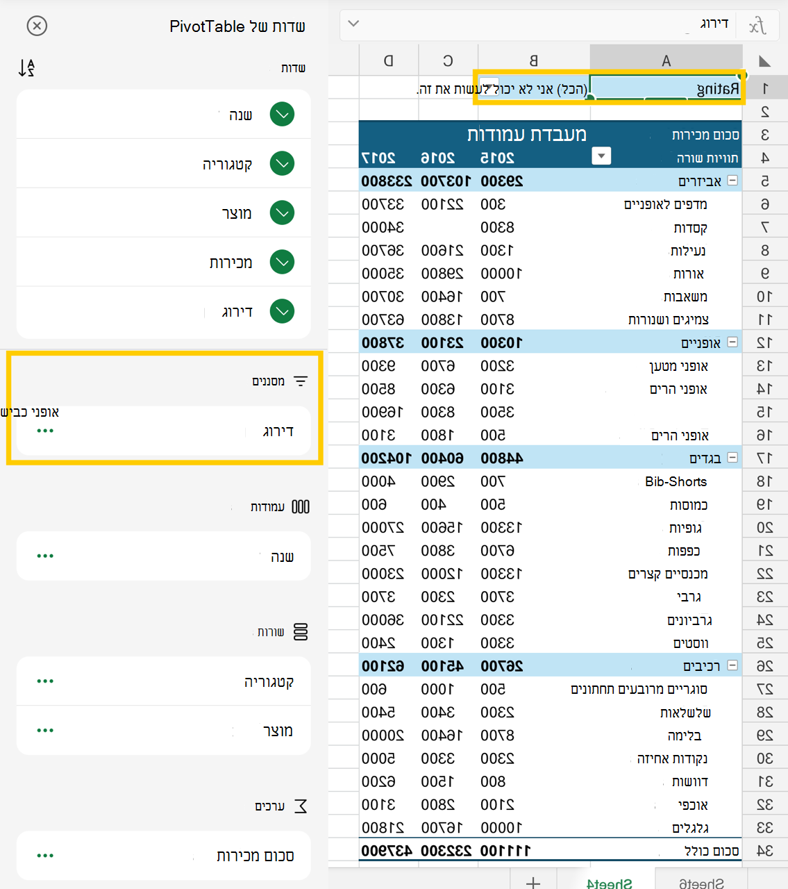 תמונה של אזור המסנן ברשימת השדות וב- PivotTable.