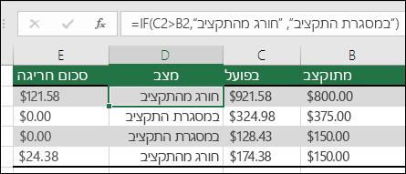 הנוסחה בתא D2 היא =IF(C2>B2,Over Budget,Within Budget)
