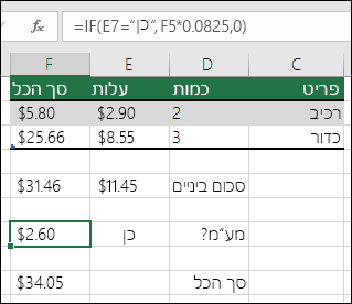 הנוסחה בתא F7 היא IF(E7=Yes,F5*0.0825,0)