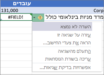 התעלמות משגיאת ‎#FIELD!‎
