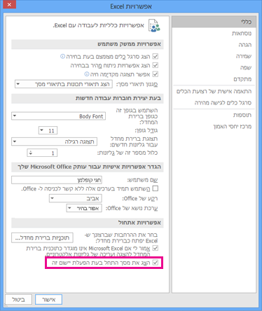 אפשרויות אתחול בתיבת הדו-שיח 'אפשרויות Excel'