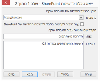 תיבת הדו-שיח 'אשף ייצוא ל- SharePoint'