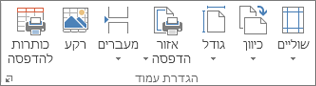 הקבוצה 'הגדרת עמוד' בכרטיסיה 'פריסת עמוד'