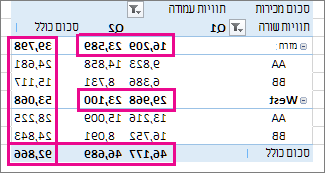 סכומי ביניים וסכומים כוללים של PivotTable