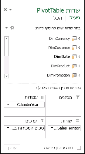 הרשימה 'שדות PivotTable'