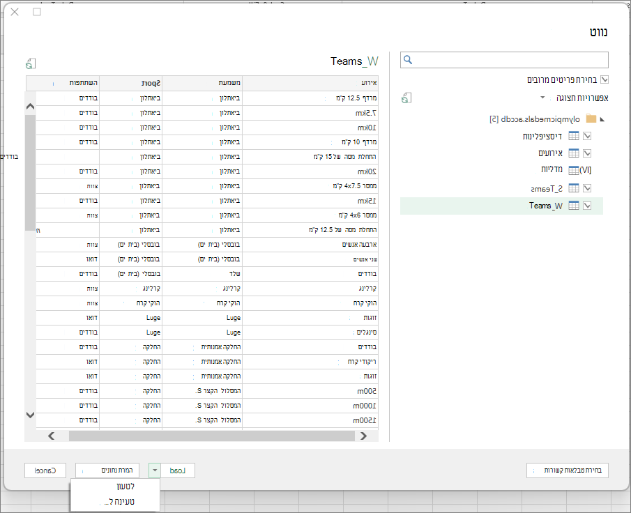 החלון 'בחירת טבלה'