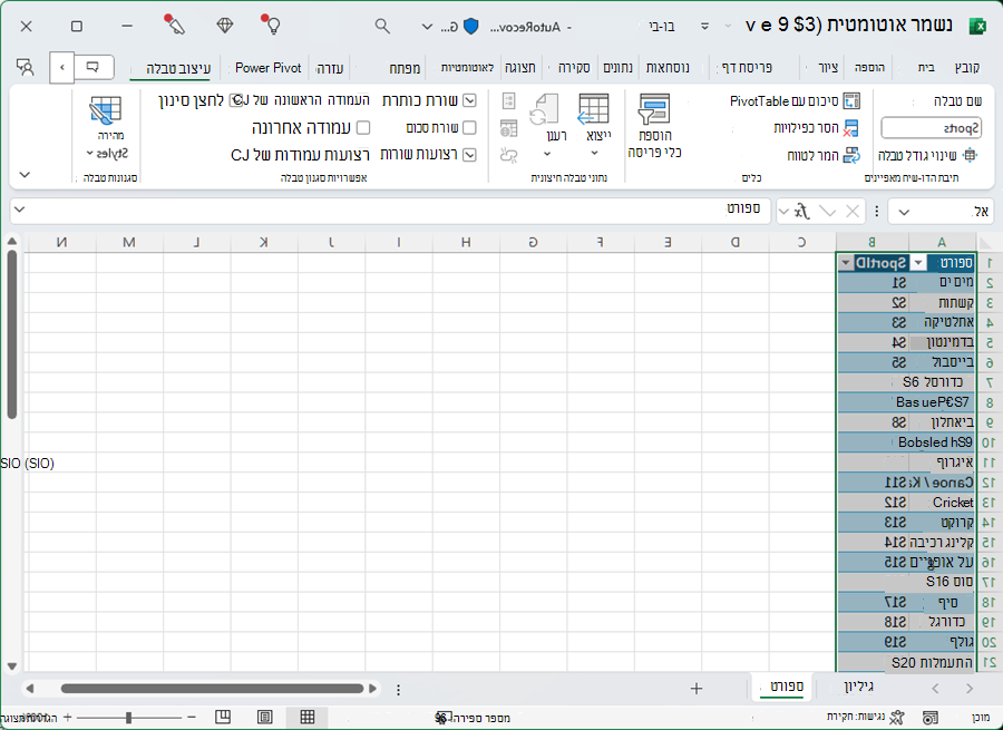 תן שם לטבלה ב- Excel